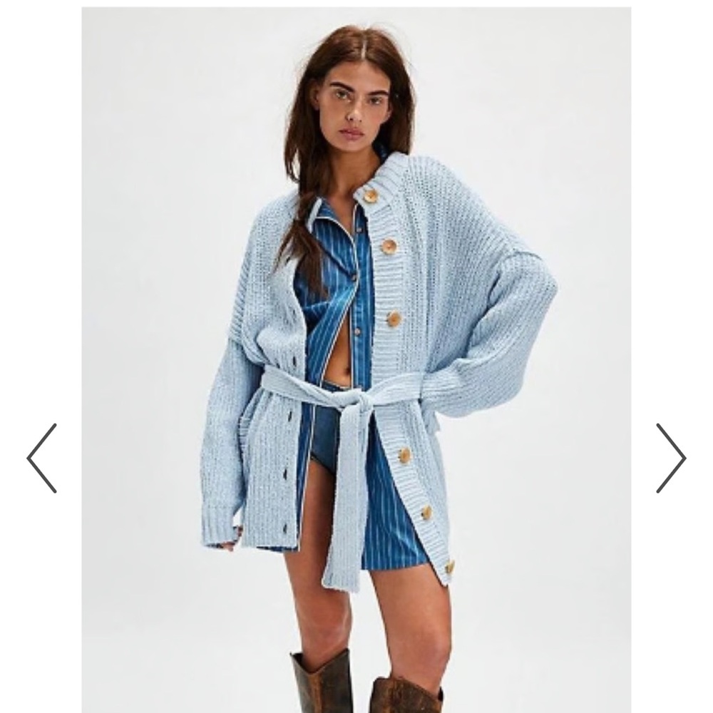 Free People Brooklyn Belted Cardi, light blue, size L. New with tags, never worn